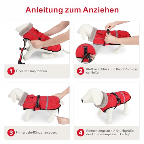 Woiil Hundemantel Wintermantel, Hundejacke Wasserdicht für Grosse Hunde mit Verstellbaren Schultergurten, Warm Hundemantel aus Fleece, Reflektierende Streifen,Geeignet für Labrador Rot, XL
