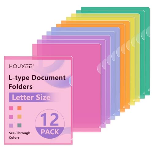 HOUYEE 12 Pack Clear Document Folders, L-Type Plastic File Folder Sleeves, Project Folders Paper Sheet Protectors for 8.5" x 11" Letter Size, for Home, Office, and School Use (6 Assorted Col