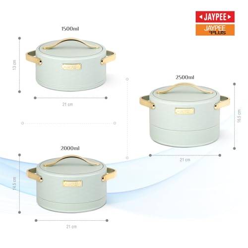 Image of JAYPEE Luxura Inner Stainless Steel Serving Casserole Set of 3 Elegance Unique Design PU Insulated 100% Food Grade with Lockable Lid, Chrome Plated Handle Hot Case |1500, 2000, 2500 ml, Green