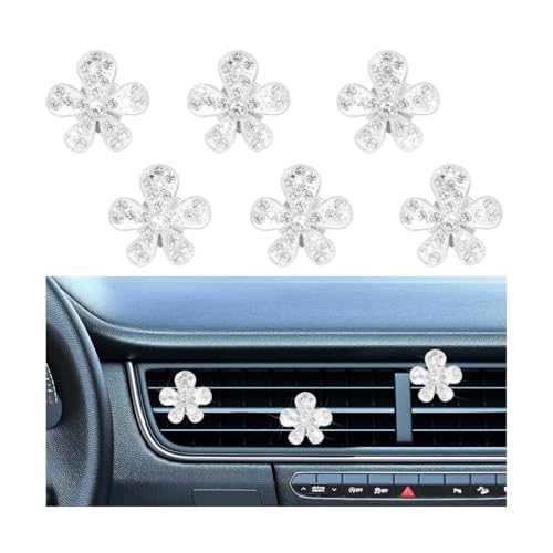 ANFTDCO 6PCS Bling Daisy Flower Car Air Vent Clip, Shiny Floral Crystal Rhinestone Air Conditioner Outlet Clamp, Girly Diamond Auto Interior Vent Decoration Clip, Universal for Vehicles (Silver)
