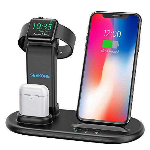 SEEKONE Wireless Charger 3 in 1 Wireless Charging Stand Dock Station for AirPods 1/2 and Watches 1/2/3/4, Qi Fast Wireless Charger Compatible with iPhone X/XS/XS Max/XR/8/8 Plus/Samsung Galaxy S10/S9