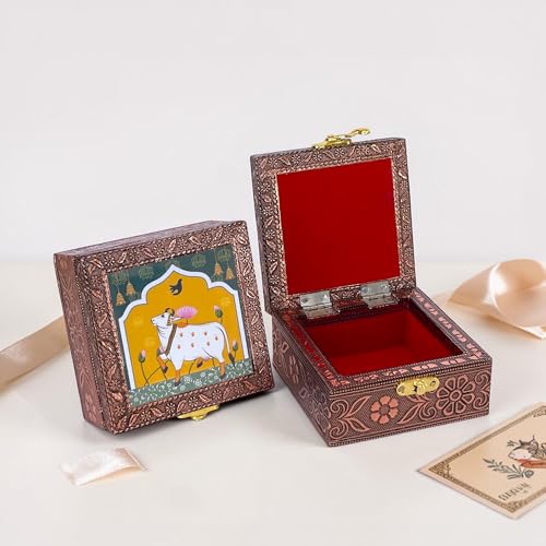 Image of Handcrafted Wooden Jewellery Box Copper Metal Finish (4 x 4 inch) - Pack of 2 | Oxidized Pichwai Cow Design | Decorative Organizer | Storage Box for Women Puja Festive Gifting | Royal Teal