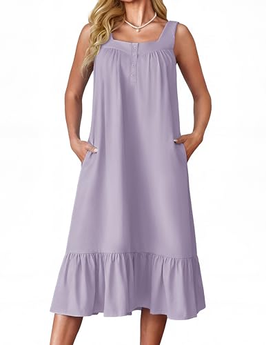Ekouaer Nightshirts for Women Cotton Night Gown Long Sleeveless Nightgowns Lounge Dress Light Purple,S