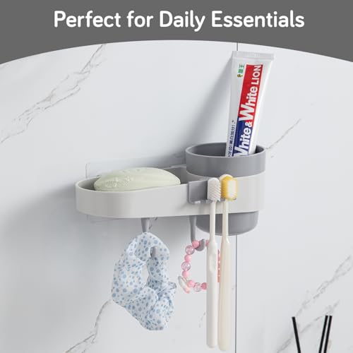 Image of HOKIPO Wall-Mounted Bathroom Shelf Organizer with Cup Holder & Hooks | No-Drill Self-Adhesive Plastic Rack | Toothbrush Holder | Bathroom Storage Shelf for Wall | Accessories Set (AR-6092)