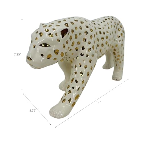 Escultura decorativa de leopardo caminando 8" blanco y dorado miniatura 4