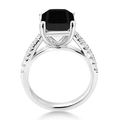 Gem Stone King 3.39 Cttw Black Onyx and White Created Sapphire Wedding Engagement Ring For Women | 925 Sterling Silver | Gemstone Birthstone | 10X8MM Emerald Cut | Available In Size 5, 6, 7, 8, 94