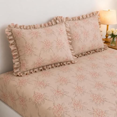 Image of King Size Fitted Bedsheet for Double Bed | 300 TC Cotton Feel Microfiber | All Around Elastic with 2 Frill Pillow Covers | Soft & Durable | (PetalPulseFrill, Fitted - Double72x72)