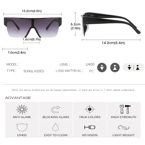 Lunettes de soleil sans monture UV400 carré miroir argenté grand format pour été
