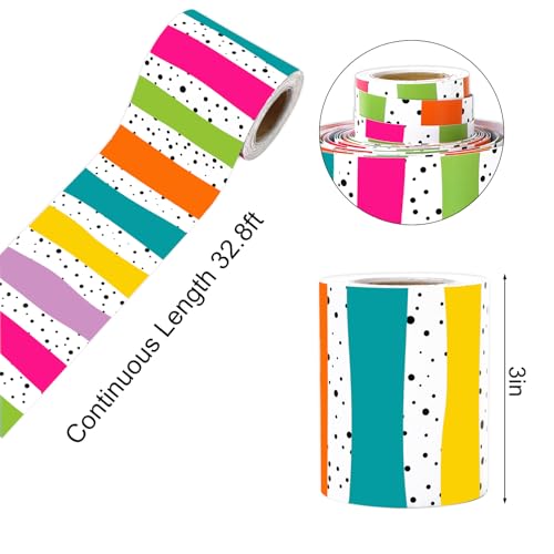 Image of Whaline 32.8 Ft Classroom Bulletin Board Borders, Neon Color Dot Stripe | Rolled Border Trim, Multicolor, Die-Cut, Chalkboard Trim, Back to School Wall Door Decoration