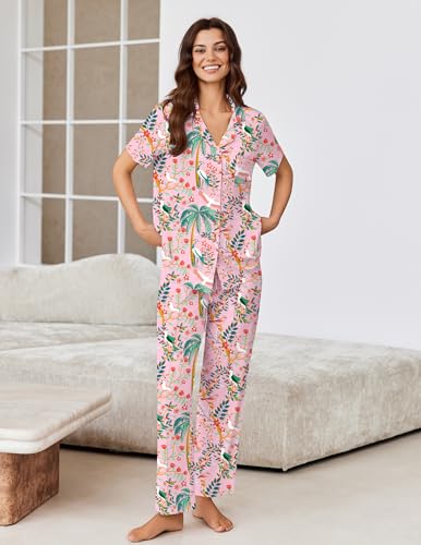 Image of Ekouaer Pajamas for Women Set Button Up Short Sleeve Pjs Sets With Pockets | Soft Womens Sleepwear,V Neck,Notch Collar,2 Piece Classic Loungewear With Long Pant for Sleep,Lounge,Fall