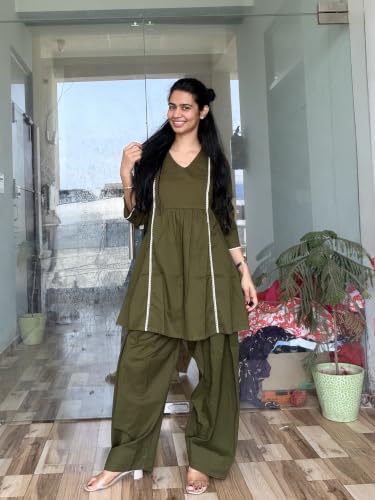 Image of Women's Cotton Farshi Salwar Suit Set | 3 /4 Sleeves, Plain Kurti