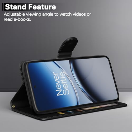 Image of Amazon Basics Flip Cover for OnePlus Nord 5 5G Leather Finish | Wallet Stand and Shock Proof | Inside TPU with Card Pockets | Complete Protection Flip Case (Black)