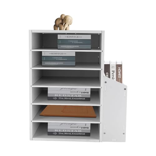 LOYALHEARTDY Desk Paper Organizer,6 Tier Adjustable Countertop Mail Sorter with Side Storage, Office Desk File Organizer,Literature Organization Paper Storage Slot for Home Office School,White