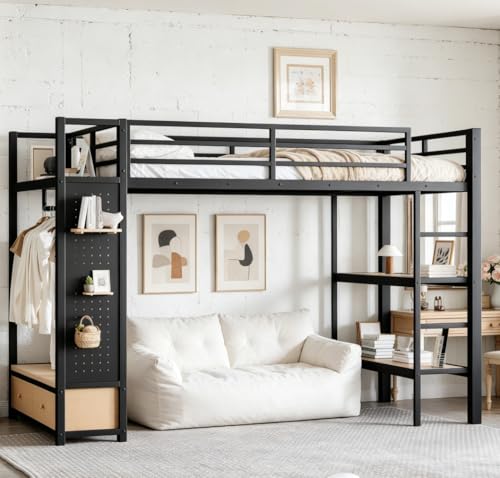 Image of Bellemave Twin XL Size loft Bed with Wardrobe and Storage Shelves and Pegboard Drawers, Metal Twin XL Loft Bed Frame for Adults, Kids, Teens, Black