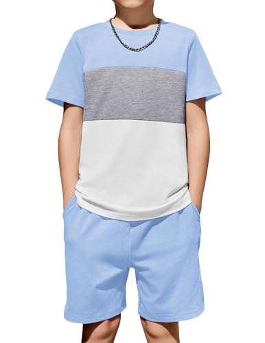 Image of Arshiner Boys' 2-Piece Cotton Outfit Color Block T-Shirt and Shorts Set Summer Camo Clothes for Kids 5-14 Years