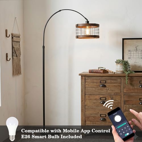 Image of Arc Floor Lamps for Living Room with Remote and Dimmable LED Bulb, Vintage Wood Floor Lamp for Bedroom, Farmhouse Standing Lamp for Corner, Industrial Black Tall Lamp, Over Couch Arched Reading Light