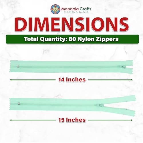 Image of Mandala Crafts 80 PCs Mint Closed-End 14 Inches Nylon Zippers for Sewing