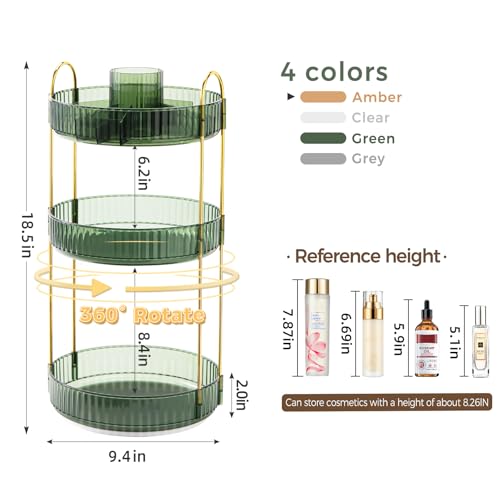 Image of 360 Rotating Makeup Organizer, Upgraded 3 Tier Skincare Perfume Organizers for Women, Bathroom Organizer Countertop, Clear Cosmetic Dresser Organizer with Makeup Brush Holder, Sink&Counter (Green)