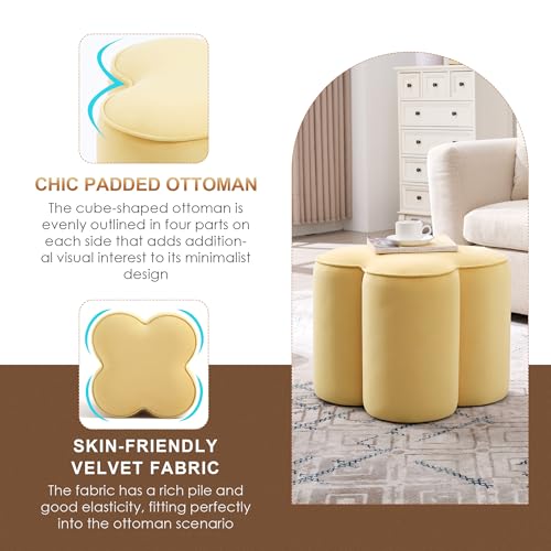 Image of Zesthouse Flower Pouf Ottoman Foot Rest Set of 2, Velvet Fabric Poofy Ottoman Footstool for Couch, Modern Living Room Stool for Under Entry Table, Cute Square Vanity Stool for Bedroom Dorm, Yellow