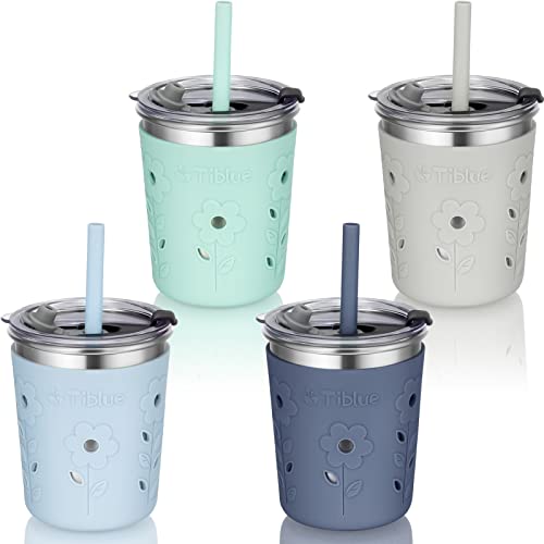 Image of Tiblue Kids & Toddler Cups, 4 Pack 8oz Spill Proof Stainless Steel Tumblers with Leak Proof Lids, Silicone Straw with Stopper & Sleeve, BPA FREE Snack Smoothie Drinking Cup for Baby Girls Boys