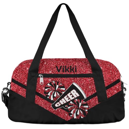 Custom Name Kids Duffel Bags for Girls Personalized Dance Gym Bag Customized Overnight Duffel Bag for Weekender Red Glitter Cheer