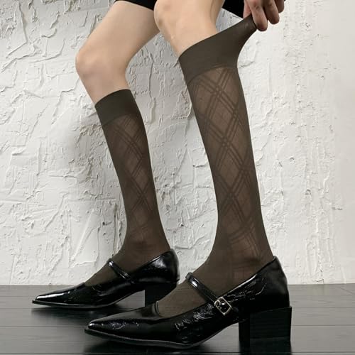 Women’s 3 Packs Semi Sheer Knee High Socks Diamond Jacquard Trouser Socks Over Calf Stockings Ultra Stretchable2