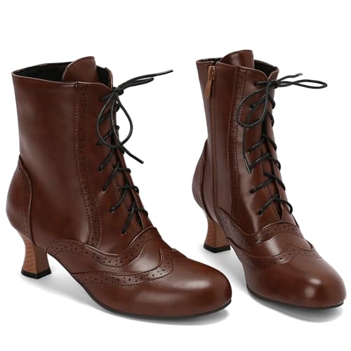 KysBloes Vintage Victorian Boots for Women Kitten Heel Ankle Boots Lace Up Low Heel Witch Shoes Oxford Wingtip Boots3