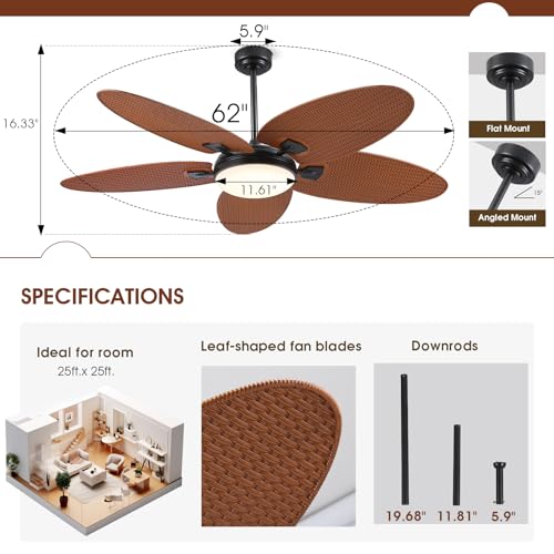 PHORUS 62" Large Waterproof Outdoor Palm Leaf Ceiling Fans with Lights and Remote,Wet Rated Tropical Ceiling Fans Light for Patios Porch Gazebo Pergola,6 Speeds Reversible - Image 3