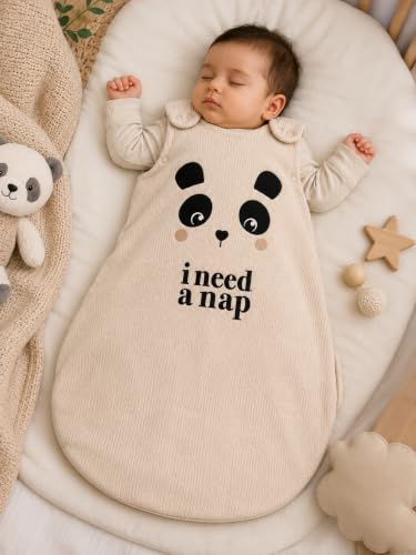 Image of TuddyBuddy Baby Cotton Wearable Quilted Sleeping Bag Blanket 1.5 Tog with 1 Way Zipper Closure | Ideal for Babies & Kids Hypoallergenic Fabrics | (Panda - I Need A Nap - Beige, 12-18 Months)