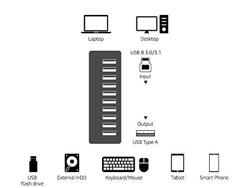 Amazon Basics Usb-A 3.1 10-Port Hub With Power Adapter - 65W Powered (20V/3.25A), Silver #TOP6