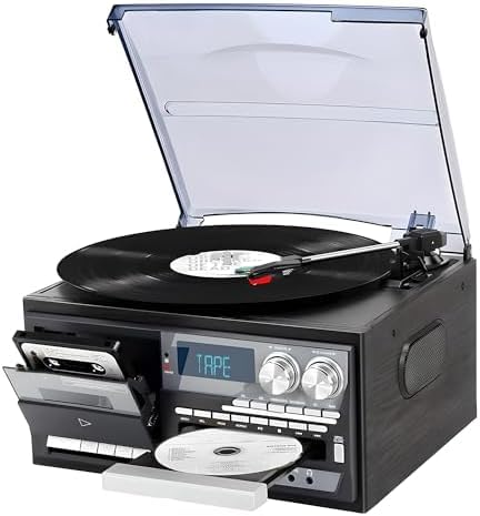 Giradischi Bluetooth, giradischi in vinile a 3 velocità con altoparlanti integrati, lettore CD e cassette, copertura antipolvere per audio domestico