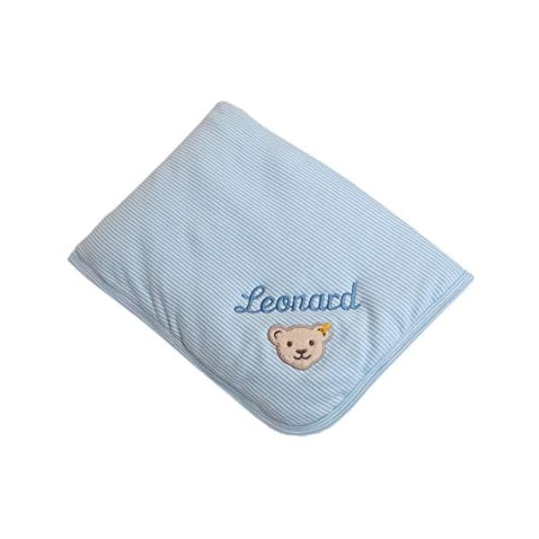 Steiff Babydecke mit Ihrem Wunsch Namen bestickt 90 cm x 60 cm hellblau fein geringelt personalisierte Namensdecke