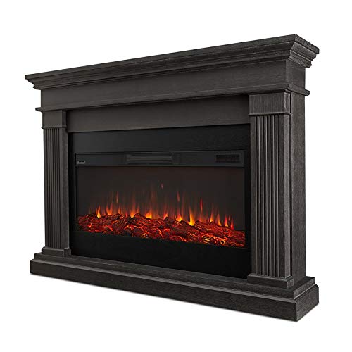BOWERY HILL Traditional Solid Wood Electric Fireplace Mantel Heater with Remote Control, Adjustable Led Flame, 1500W in Gray