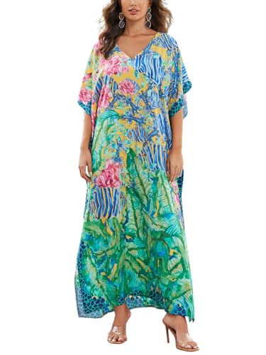 Image of IMAGEKOPE Women's Plus Size Loose Fit Moroccan Print V-Neck Batwing Kaftan Beach Dress Bathing Suit Cover Up