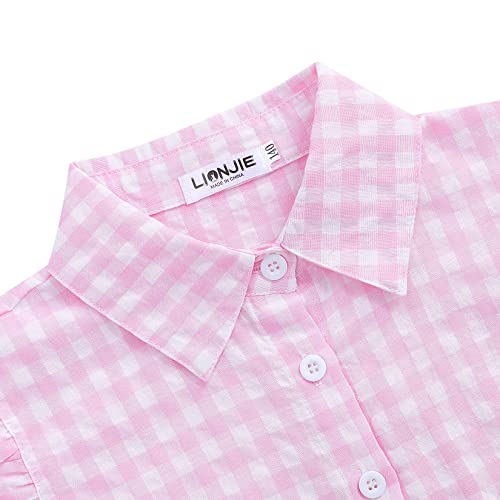 Girls Sleeveless Plaid Button Down Shirt Summer Crop Tops Tie Knot Ruffle Sleeve Shirt Blouse 3-12Y4