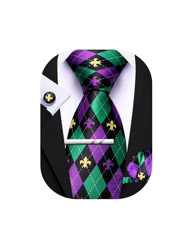 Barry.Wang Mardi Gras Purple Gold Green Tie Fleur De Lis Silk Necktie with Tie Clip for Men Carnival Festival Wedding Party Business