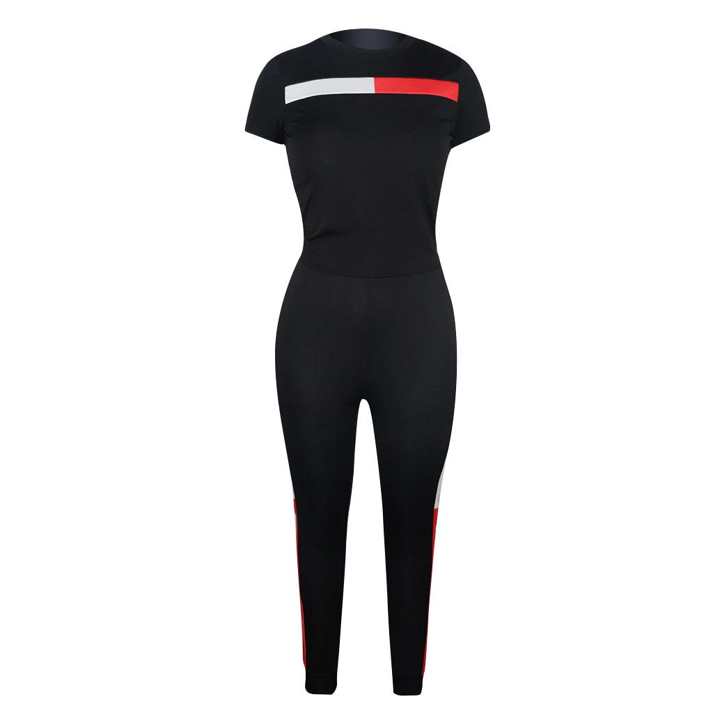 Kombinezon damski na lato moda dwuczęściowa koszulka + ubrania 7/8 fitness sport jogging spodnie joga casual basic, Czarny, XXL