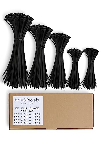 Haus Projekt Cable Ties 500 Pack Black, Assorted Size Zipties, 100/200mm x2.5, 200x4.8, 300x3.6, Cable Management Tidy