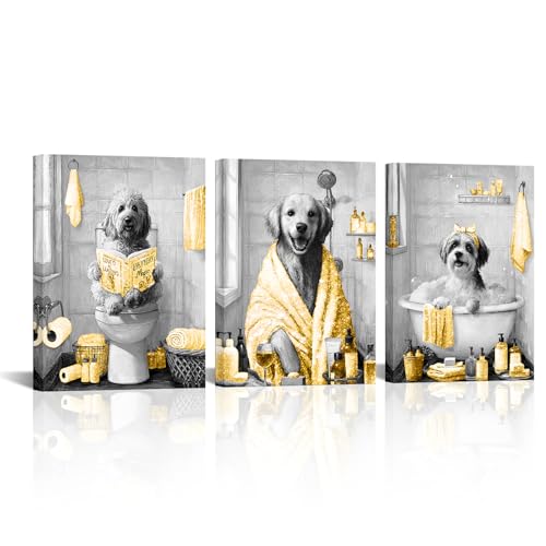 Image of sechars Funny Dogs Bathroom Wall Art Grey and Yellow Bath Decor Cute Animal Painting Canvas Print (Yellow)