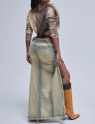 JYAOVO Womens High Waist Button Up Jean Skirt Wrapped High Low Ruffle Frayed Denim Maxi Skirt3