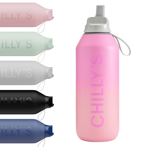 Chilly's Series 2 Flip Water Bottle with Sports Lid - Vacuum Insulated Stainless Steel Water Bottle with Straw, Carry Loop, & Cleaning Brush - No Sweat - 500ml - Ombre, Sundown