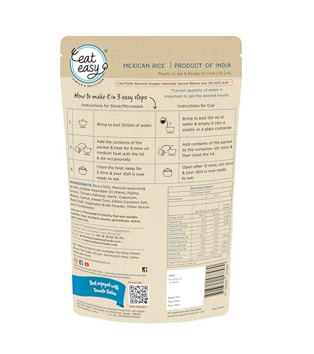 Image of Eat Easy Ready To Eat Mexican Rice- 95g Instant Food | Indian Meal, Travel Food | No Preservatives, No Added Artificial Colours & Flavours, Just Add Water and Cook