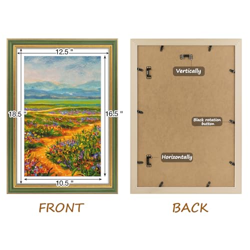 Image of Golden State Art,13x19 Ornate Picture Frame Holds 11x17 Photo,Green Gold | Includes plexiglass front,white mat,build-in hangers and buttons.Displays 11x17 photo on wall