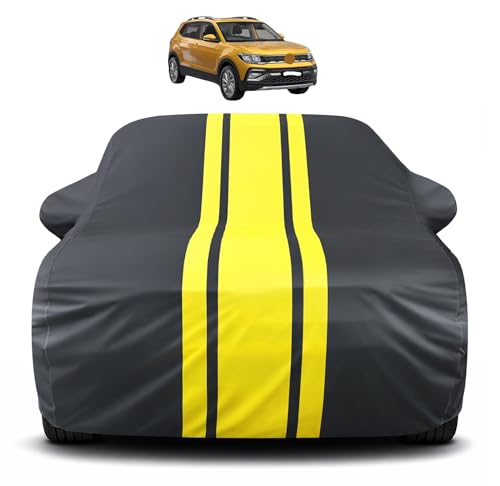 Image of Auto Hub Car Cover Compatible with Volkswagen Taigun with Mirror Pocket, Soft Cotton Lining, Taigun Car Cover Waterproof - Yellow-Black