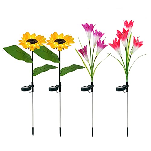 JHBOX Solar Flower Lights 4 Pack, 2 Sunflowers and 2 Lily Flowers, Outdoor Garden Decor Stake Lighting Decorations for Yard, Lawn, Patio, Backyard, Flowerbed and Pathway