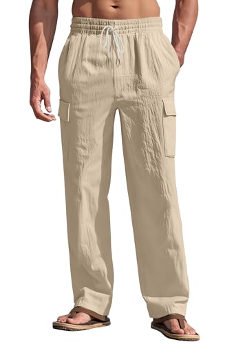 TAFLE Mens Linen Pants Casual Summer Beach Pants Lightweight Elastic Waist Drawstring Yoga Trousers Vacation Cargo Pants with Pockets Khaki