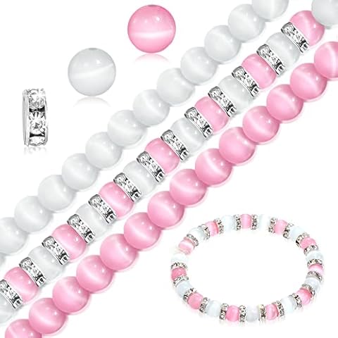 120 Pcs 8 mm Cat Eye Beads for Jewelry Making and Silver Rondelle Spacer Beads Set, Pink White Round Natural Loose Gemstone Stone Beads with for Charms Bracelets Earrings Necklaces DIY Supplies Cover