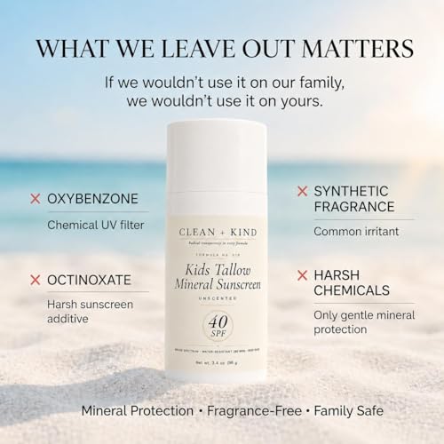 Image of Kids Sunscreen Mineral SPF 40 Unscented - Fragrance Free Non Toxic Baby & Toddler Sunblock with Non-Nano Zinc Oxide, Grass-Fed Tallow, Reef-Safe Sun Lotion, No White Cast (3.4 oz)