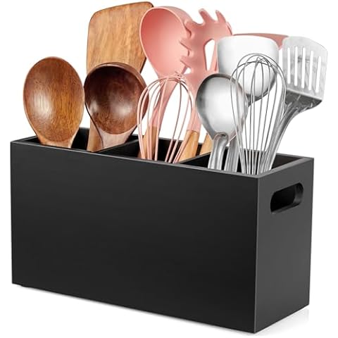 ALELION Large Utensil Holder with Removable Divider - 3 Compartment Wooden Utensil Caddy Organizer for Kitchen Counter - Black Cooking Utensil Crock for Countertop Cover