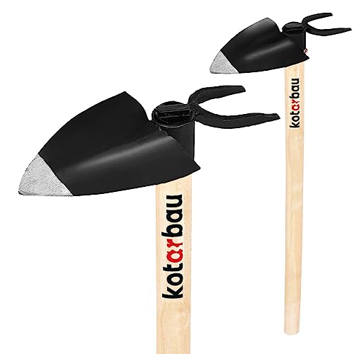 KOTARBAU® Azada de jardín Herzblatt 105 x 110 mm, 2 dientes con mango, 60 cm, azada combinada para malas hierbas, herramienta de jardín para trasplantar, deshierbe, cuidado del jardín